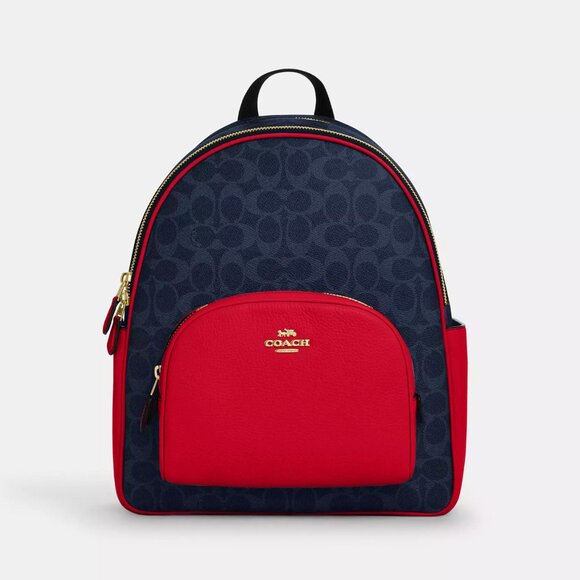 COACH CZ176 Court Backpack In Signature Canvas & Leather Denim/Bold Red *SEALED*